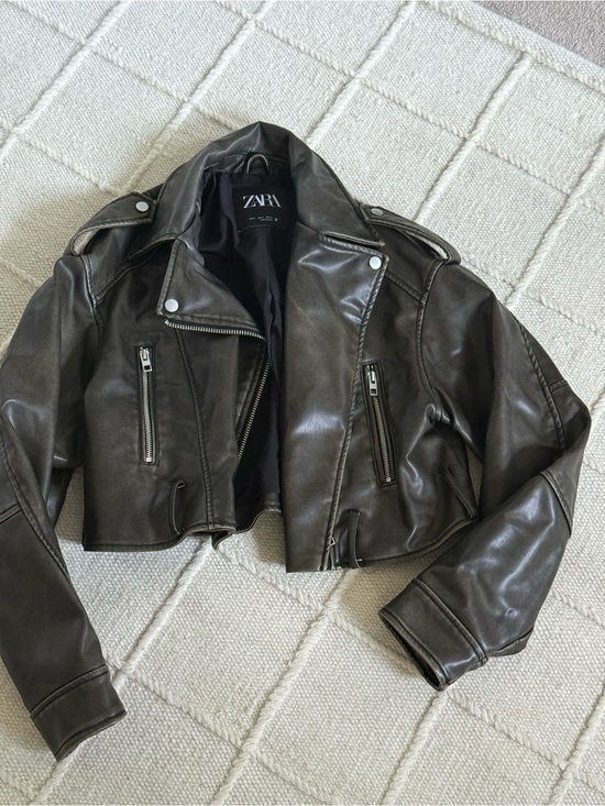 Zara Jackets & Blazers - Zara Dark Brown Cropped Faux Leather Biker Jacket
